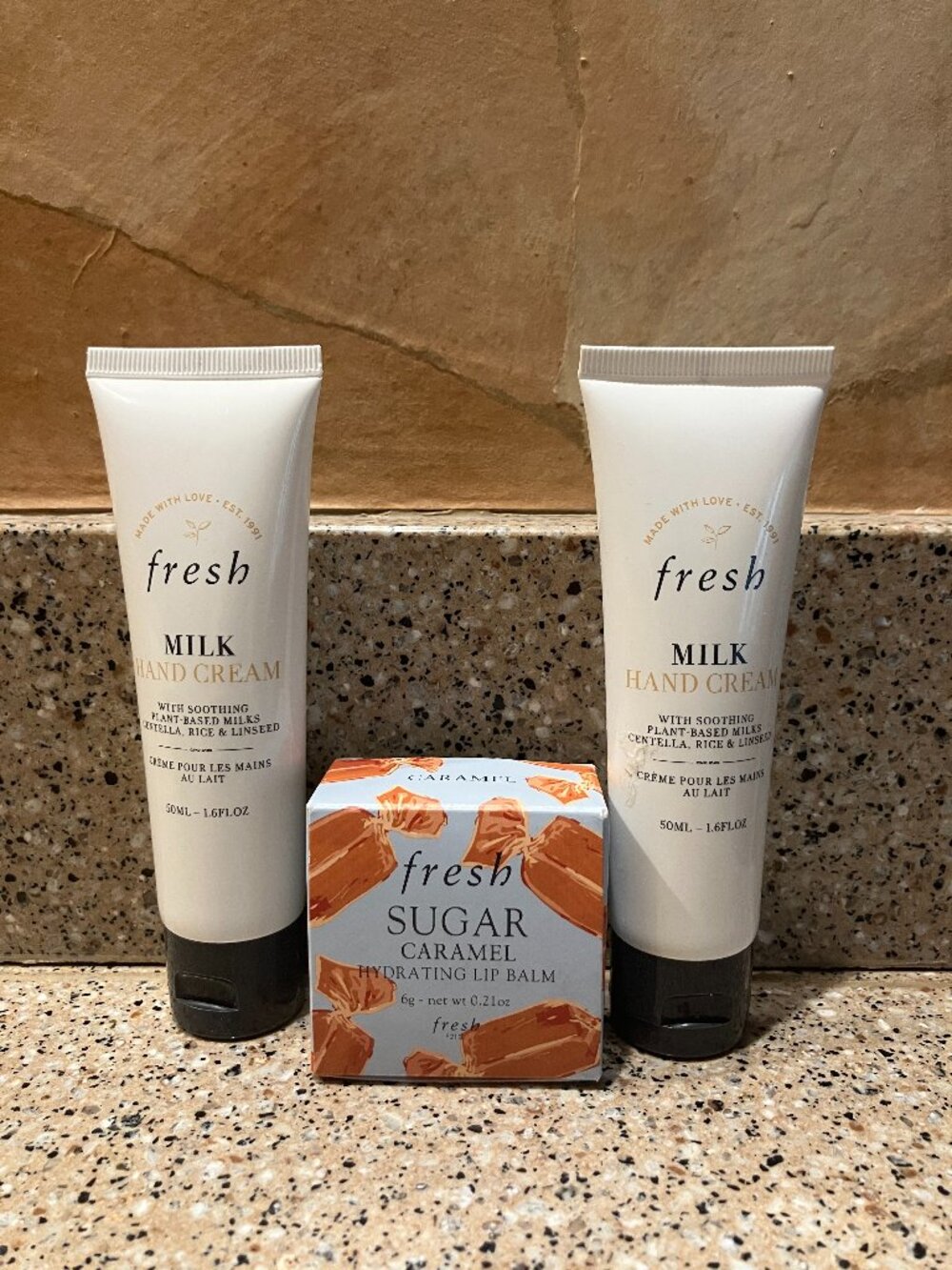 FRESH Set of 2 Milk Hand Creme's and Caramel Sugar Lip Balm! NEW